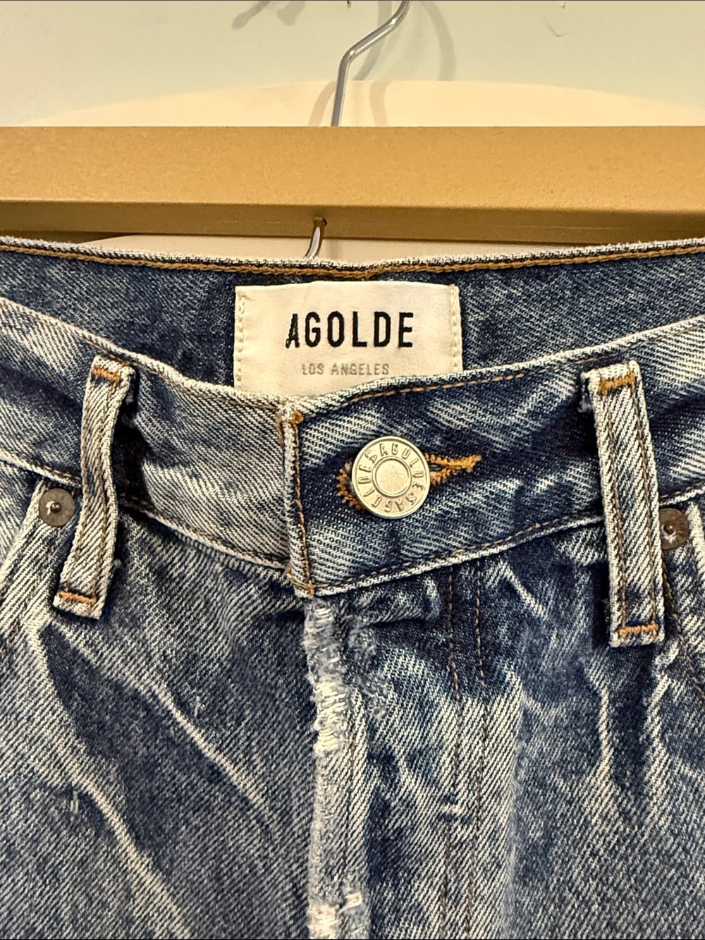 Agolde Washed Blue Frayed Hem Denim Shorts - Picture 5 of 5